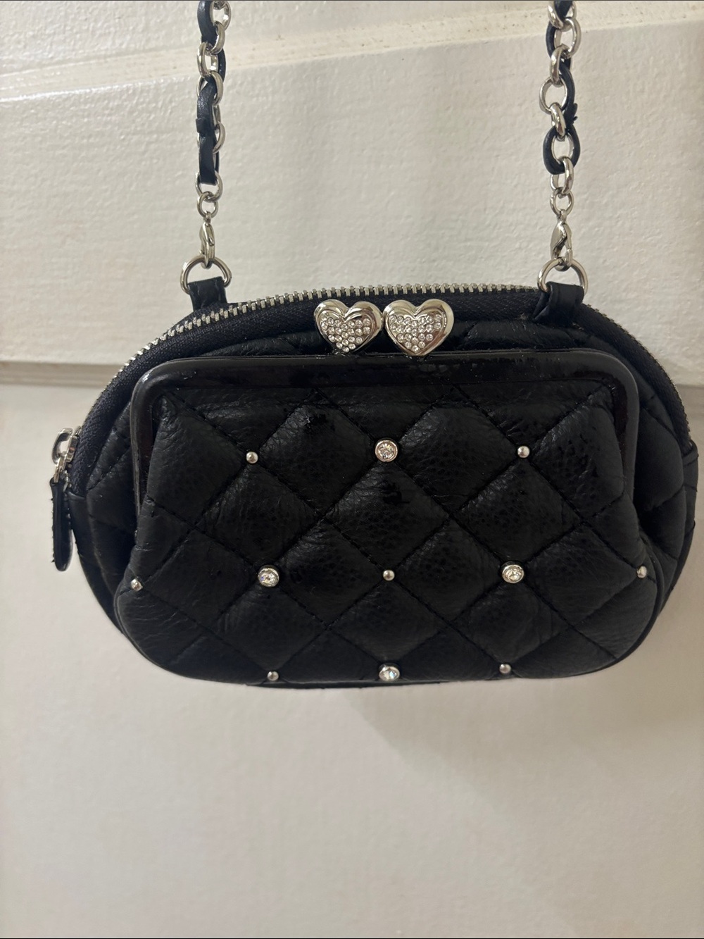 Brighton Vintage Black Quilted Leather Crossbody with Silver Chain & leather
